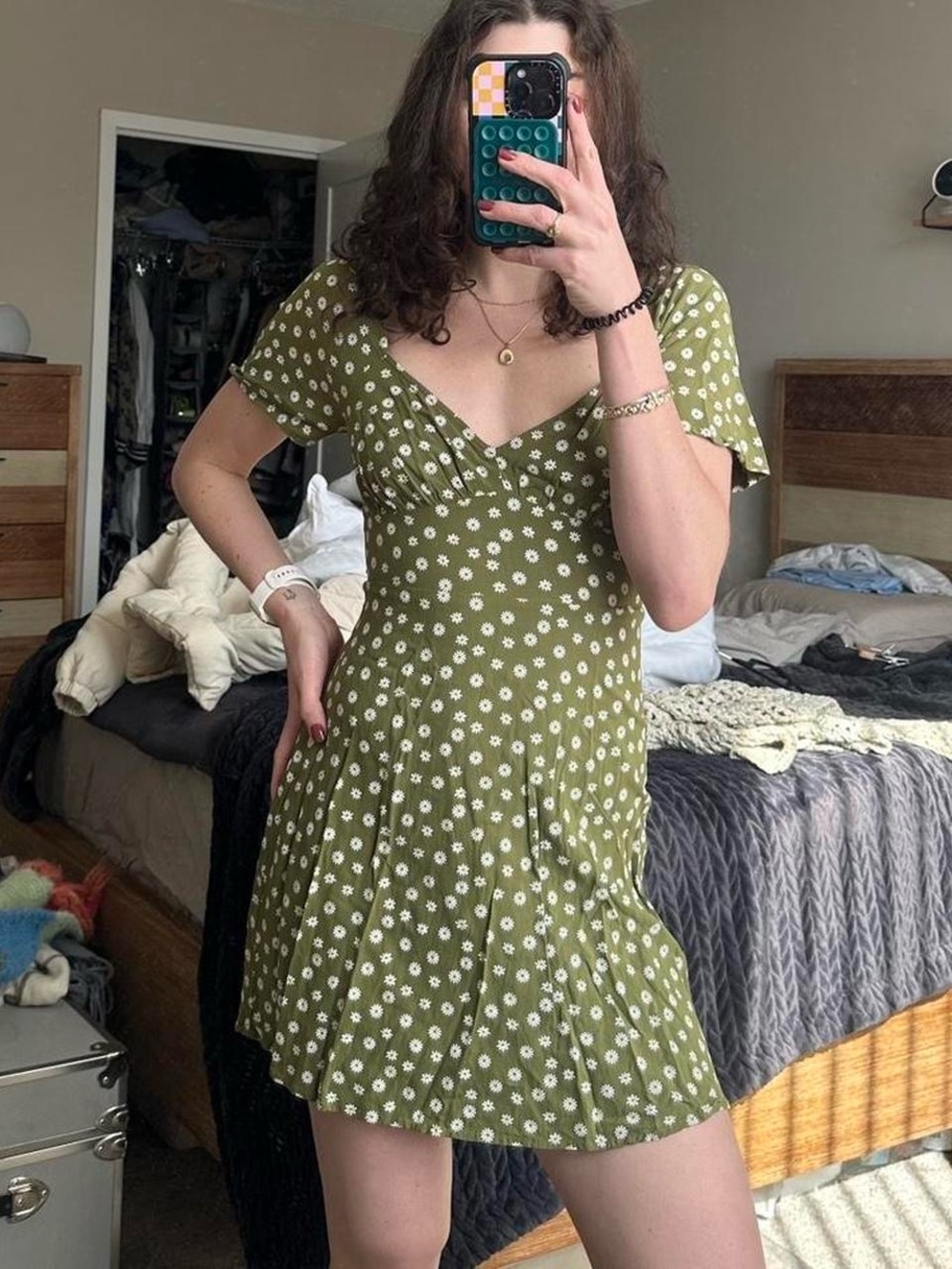 Nordstrom Olive Green Mini Dress with White Daisy Print